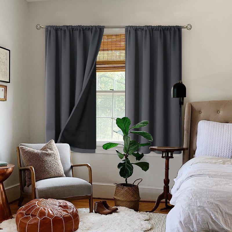 BGment Thermal Insulated 100% Blackout Curtains for Bedroom with Black Liner, Double Layer Full Room Darkening Noise Reducing Rod Pocket Curtain (52W x 45L, Dark Grey) - Image 2